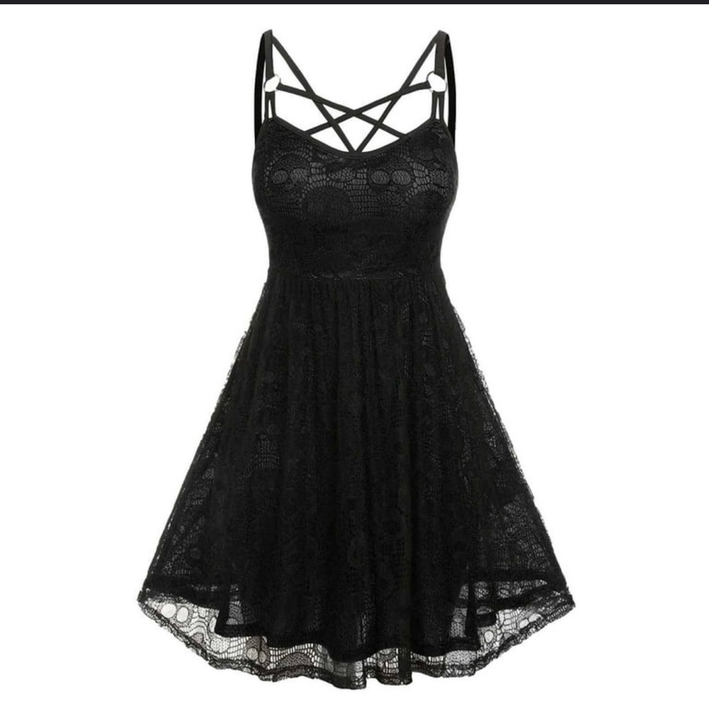 Elegant Black Gothic Skull Lace Dress Womens Size L Witchy, Whimsigoth , Punk - Picture 9 of 10